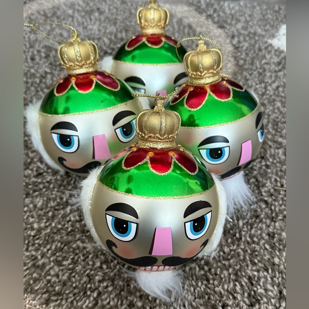 Vintage Pier 1 Round Glass Ball Nutcracker Ornaments Set of 4.